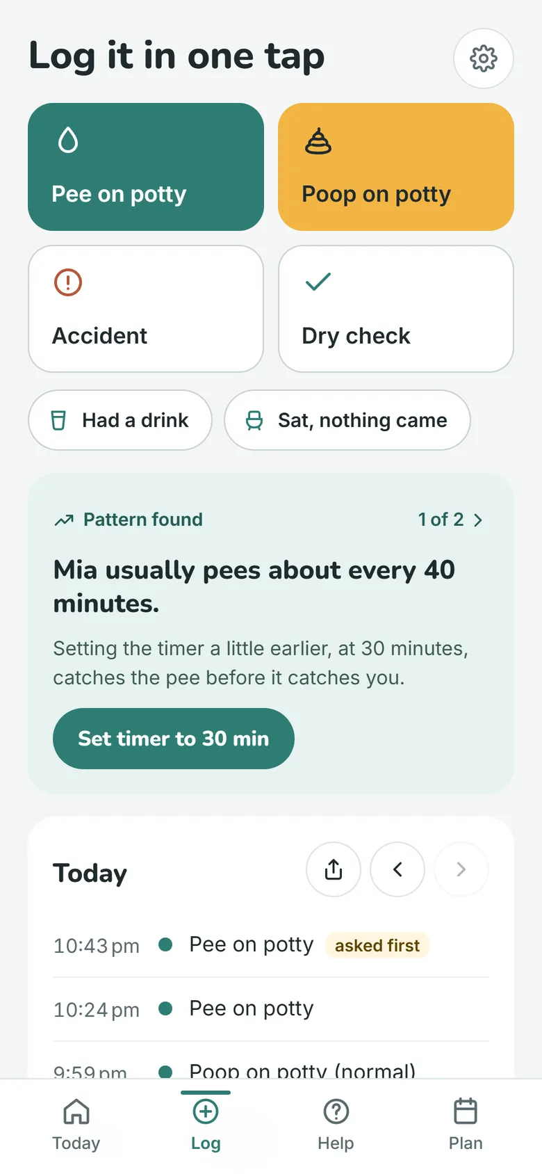Potty Plan's log: every pee, poop and accident of the day, with a pattern the app found.