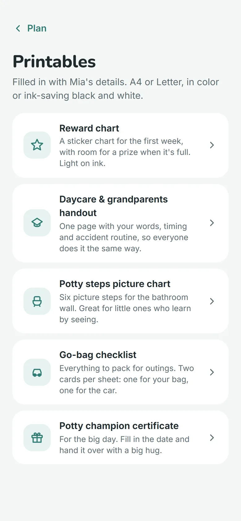 Potty Plan's printables: reward chart, daycare handout, potty steps, go-bag checklist and certificate.