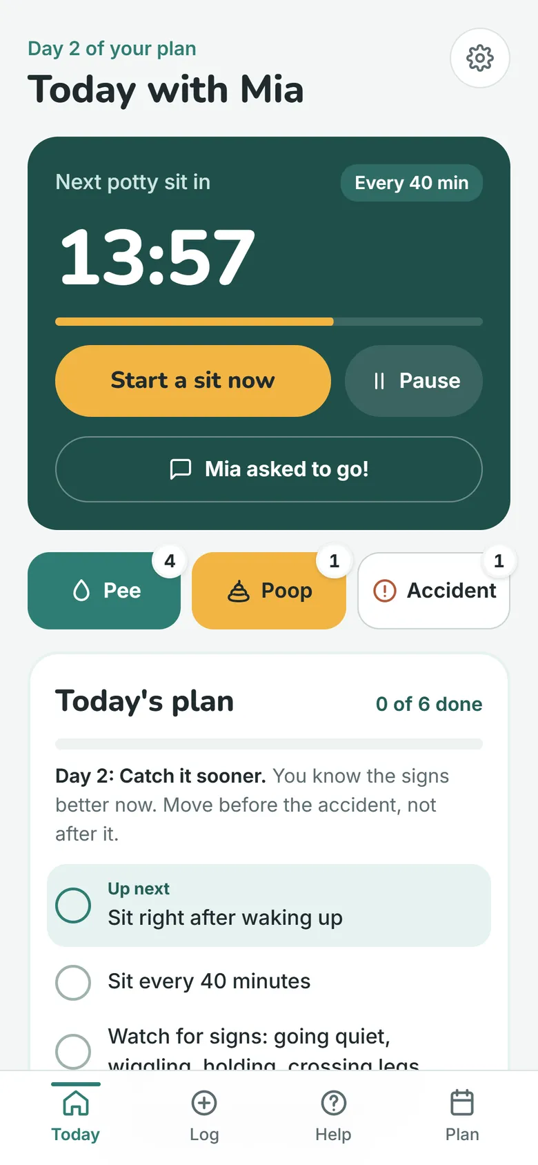 Potty Plan's Today screen: a countdown to the next potty sit, quick buttons for pee, poop and accident, and today's plan.